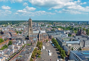 Photo of beautiful aerial view of Frankfurt at sunset Germany financial district skyline.