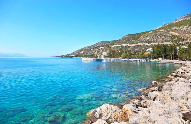 Photo of beautiful landscape with beautiful beach and blue sky of Loutraki Corinthia Greece, famous summer destination.