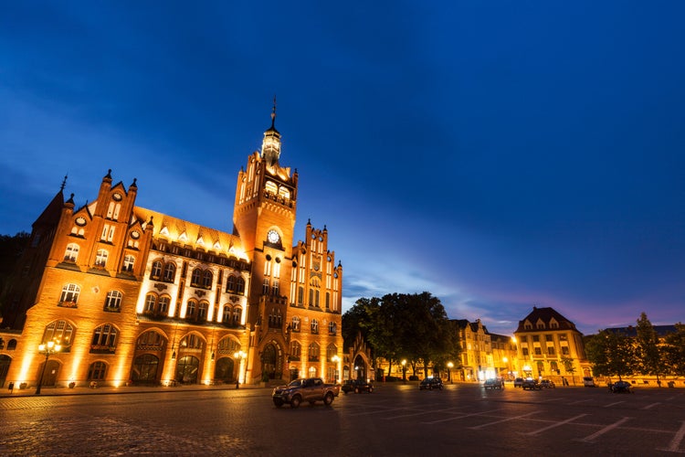 photo of view of Slupsk City Hall at night. Slupsk, Pomerania, Poland.