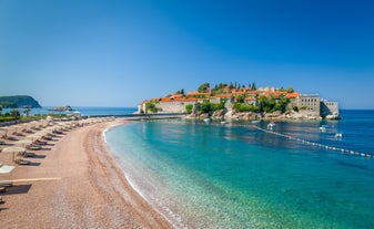 Photo of panoramic aerial view of old town of Budva, Montenegro.