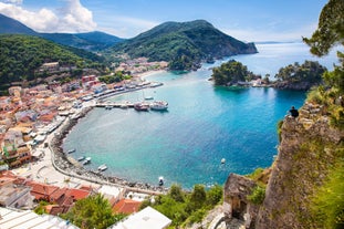 Photo of aerial view of beautiful colorful town of Parga, Greece .