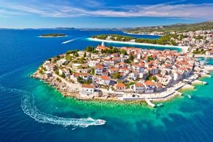 Photo of Rogoznica turquoise bay and Dragon Eye lake aerial view, Dalmatia region of Croatia.