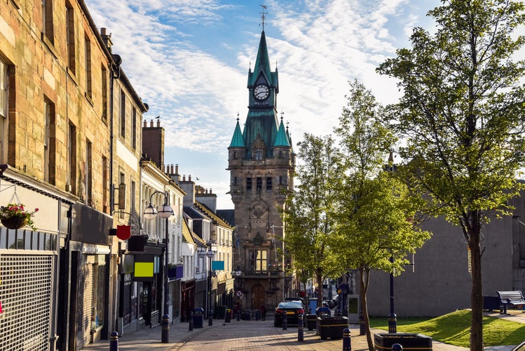 photo of view of clock tower on town hall in dunfermline scotland.