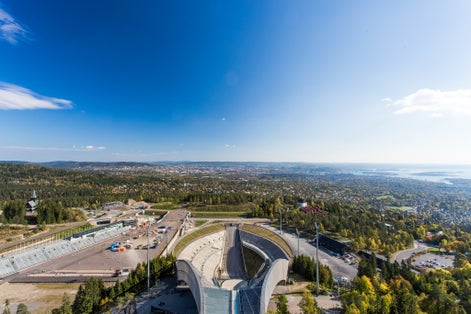 Photo of ski jump at the top of Holmenkollen overlooking Oslo, Norway.