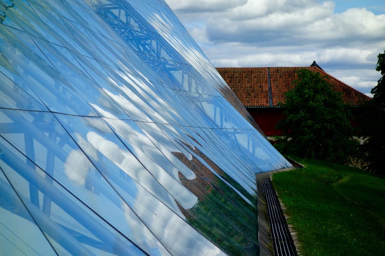 photo of view of Glass house above cathedral to protect it in Hamar in Norway.