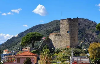 Photo of aerial view of Levanto or Levante, a beautiful fishing village in Liguria, Italy.