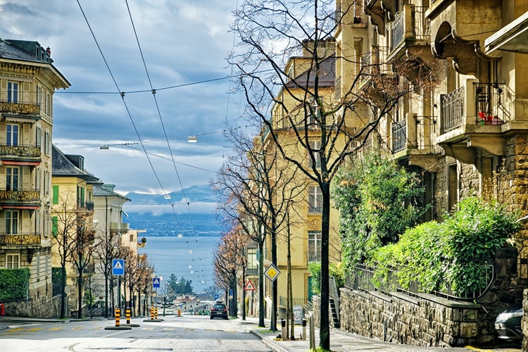 Photo of Street to Geneva Lake (Lac Leman) in Lausanne, Switzerland.