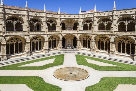 Photo of Manueline cloister of Jeronimos monastery in Lisbon, Portugal. 