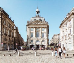 Photo of Bordeaux aerial panoramic view. Bordeaux is a port city on the Garonne river in Southwestern France.