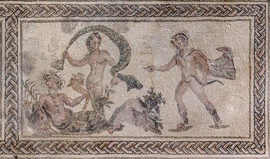Photo of Mosaic from the atrium of the house of Dionysus with images of Apollo and Daphne. Paphos. Cyprus.
