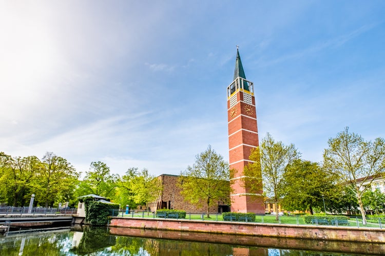 Photo of city church in Pforzheim at sunrise, Germany.