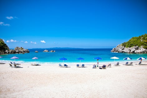Photo of beautiful Sarakiniko beach. Just 8km outside the village Parga after Agia village in Syvota area, Greece.