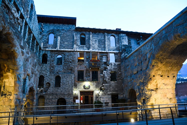 Porta Pretoria, City Gate in ancient Roman period, in the spring evening, Aosta, Valle d'Aosta, Italy