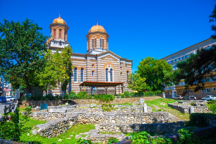 Walls of the ancient citadel ruins of Histria near Saint Andrei christian church of Constanta in Romania.