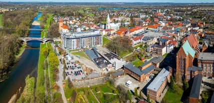 Photo of aerial view of church ST Maria Magdalena and the city of Chorzow, Poland.