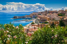 Photo of aerial view of beautiful coastal landscape with old town of Gaeta, Italy.