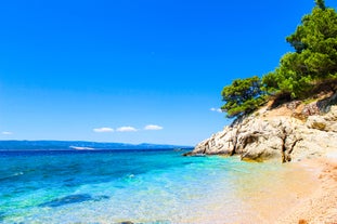 Photo of aerial view of gorgeous azure scene of summer Croatian landscape in Podgora, Dalmatia, Croatia.