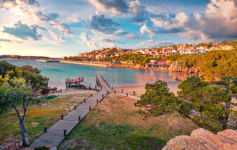 Сharm of the ancient cities of Europe. Attractive evening view of Porto Cervo, Province of Olbia-Tempio Italy, Europe. Romantic spring scene of Sardinia. Beautiful Mediterranean seascape.