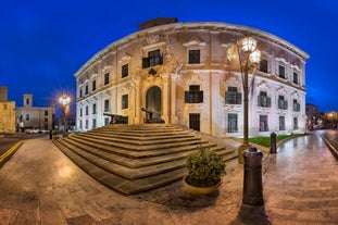 Aerial view of Lady of Mount Carmel church, St.Paul's Cathedral in Valletta embankment city center, Malta.