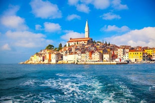 Photo of aerial view of town of Umag historic coastline architecture , archipelago of Istria region, Croatia.