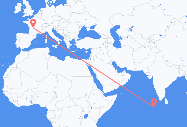 Flyg från Malé, Maldiverna till Limoges, Frankrike