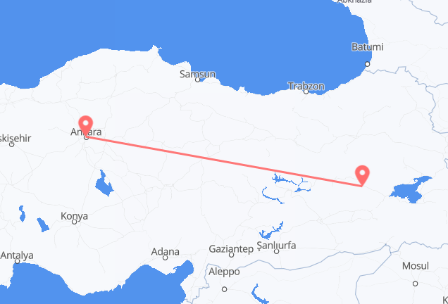 Flyrejser fra Ankara, Tyrkiet til Mus, Tyrkiet